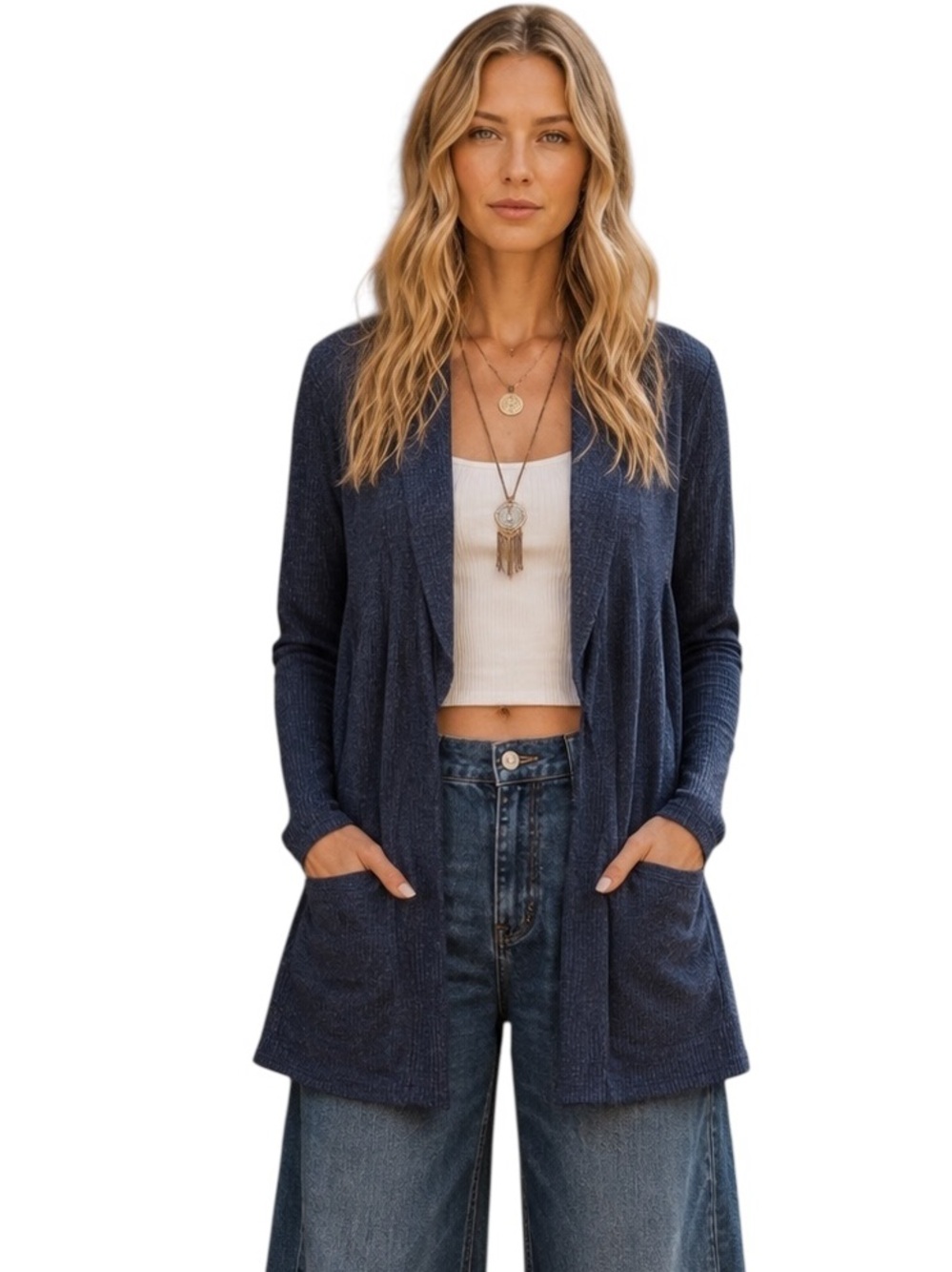 Zenana Navy Heather Ribbed Sweater Open front with Pockets Cardigan